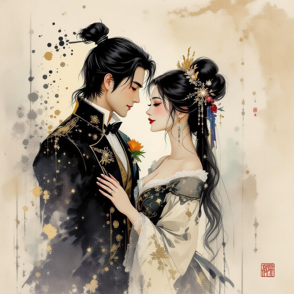 Neovictorian Couple in Chinese Ink Painting Style