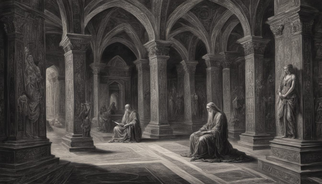 An ancient parchment in black and white charcoal of an old l...