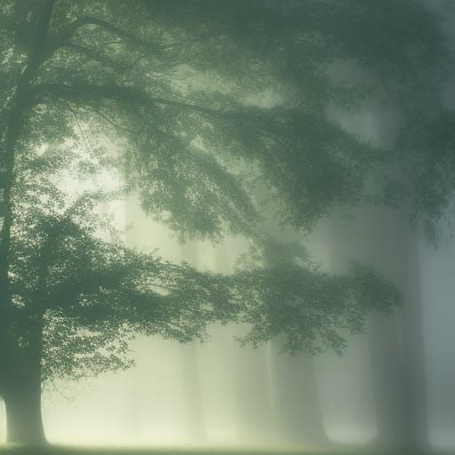 Dreamy Foggy Landscape with a Big Tree