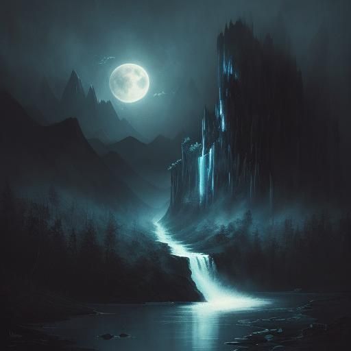 Expressionist Moonrise Over Waterfall in Pointillism Style