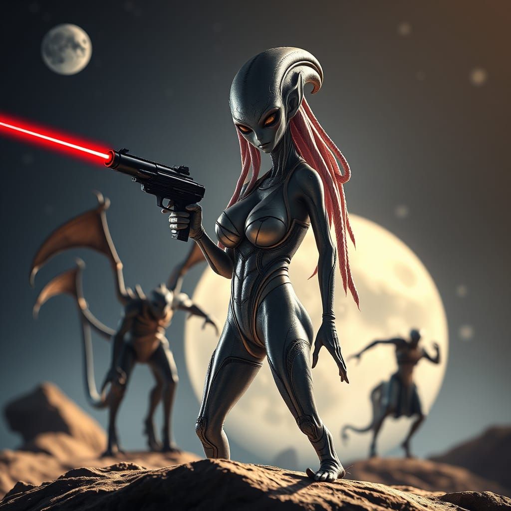 A Busty Female Alien Warrior Battles Space Demons on a Moonl...