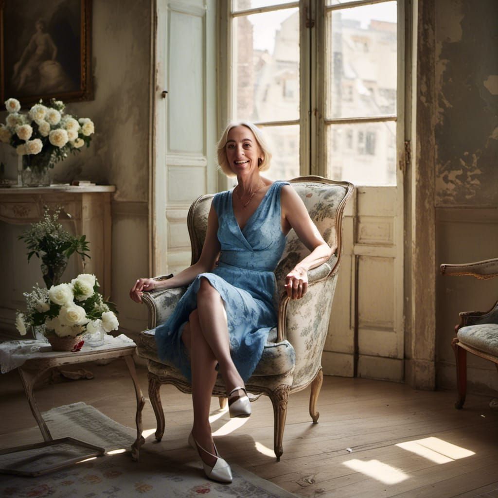 Woman with Blonde Bob Hairstyle and Cream Dress