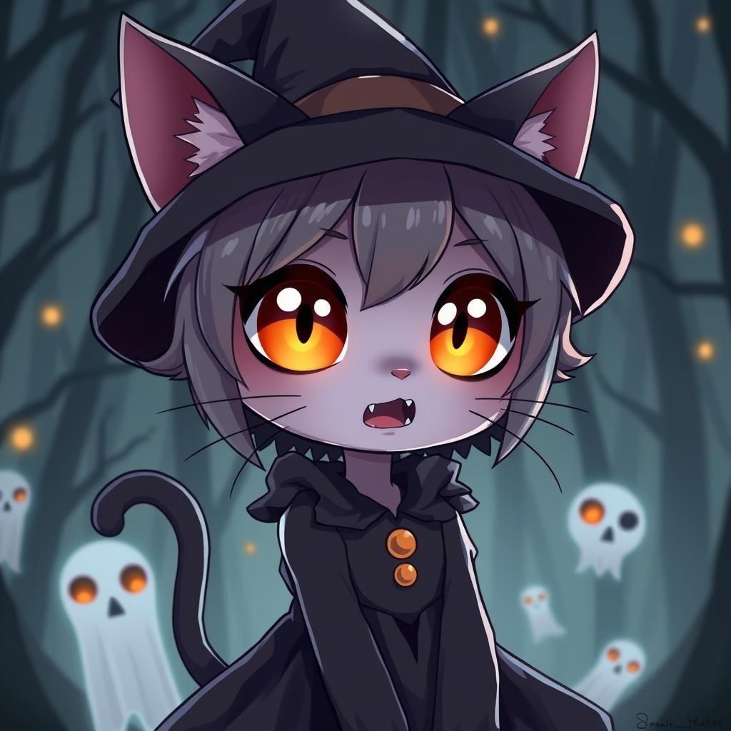 Spooky Cute Anime Catgirl in Haunted Forest