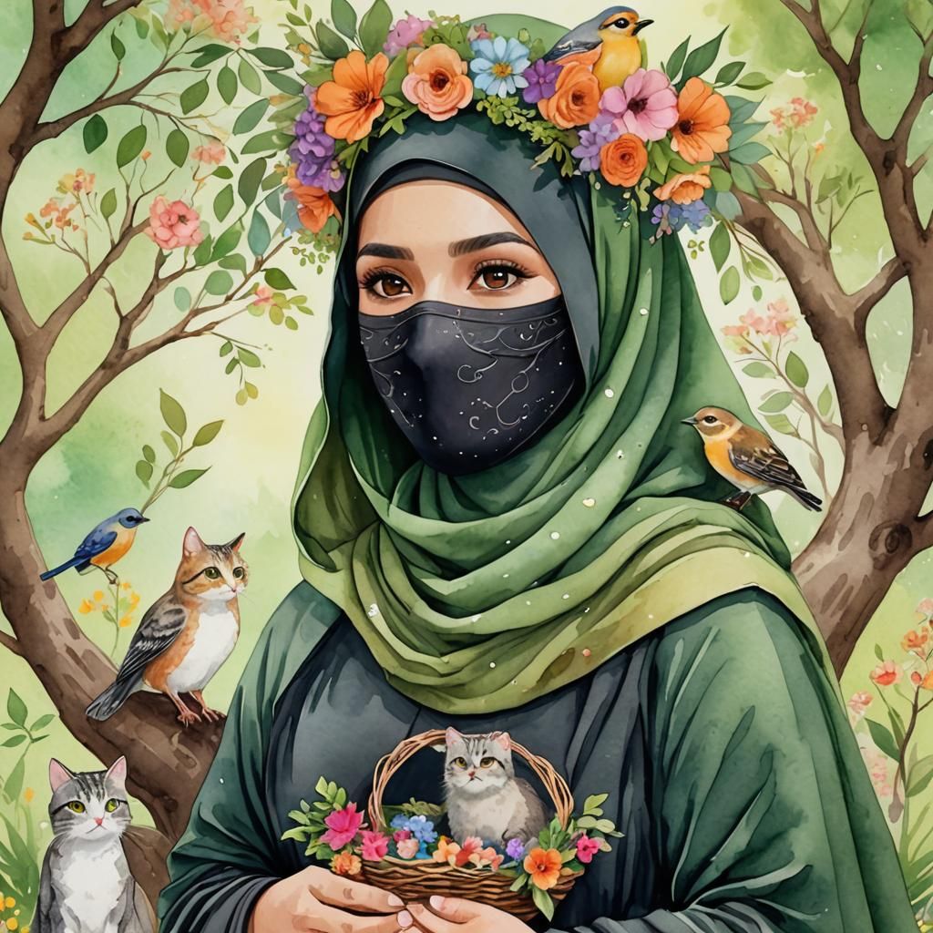 Watercolor of Woman with Bird Nest and Cat