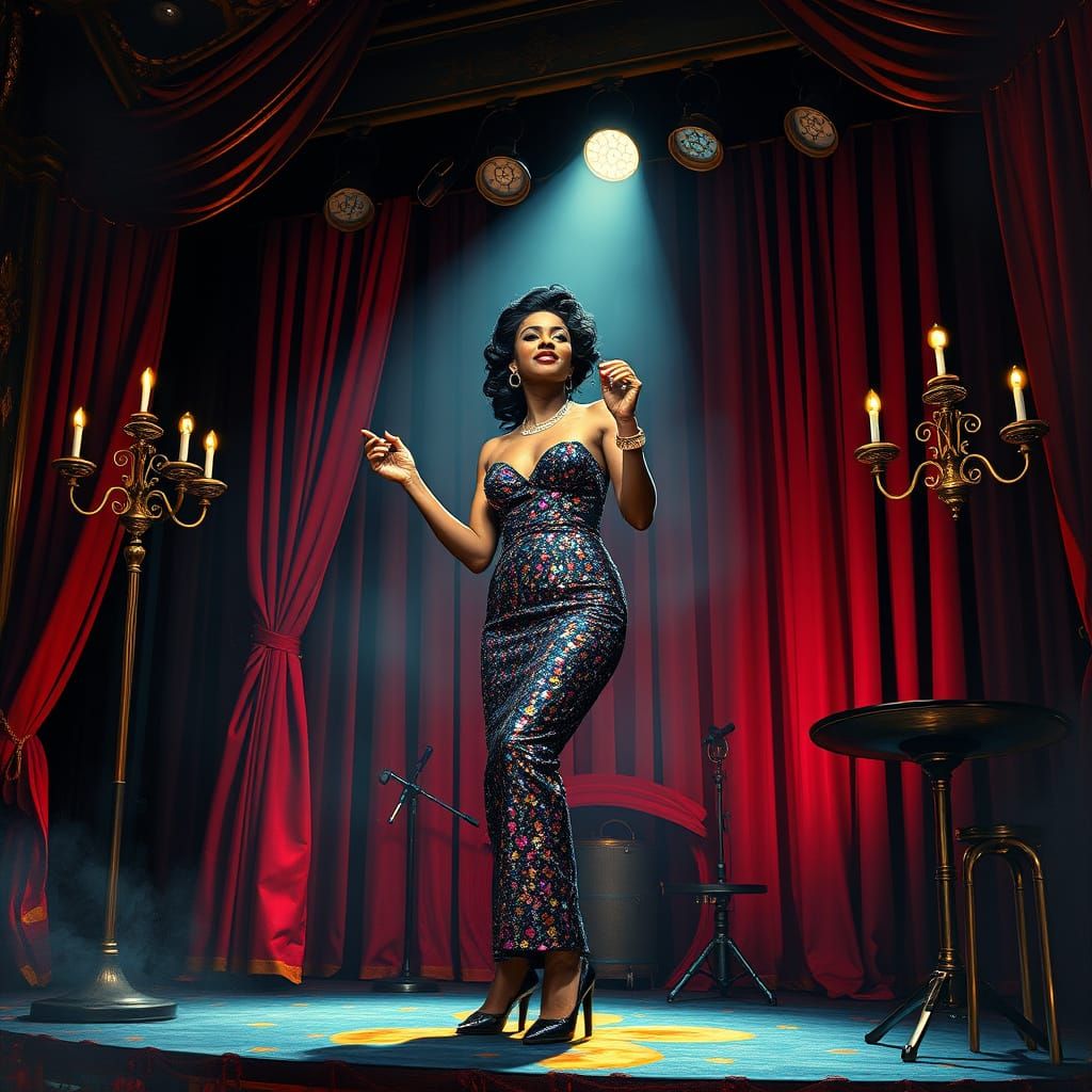 Vibrant Jazz Singer in 1950s New Orleans Nightclub