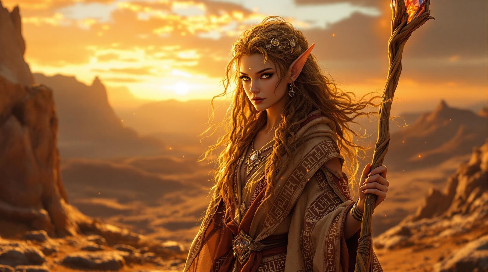 Regal Elf with Glowing Runes on Rocky Plateau