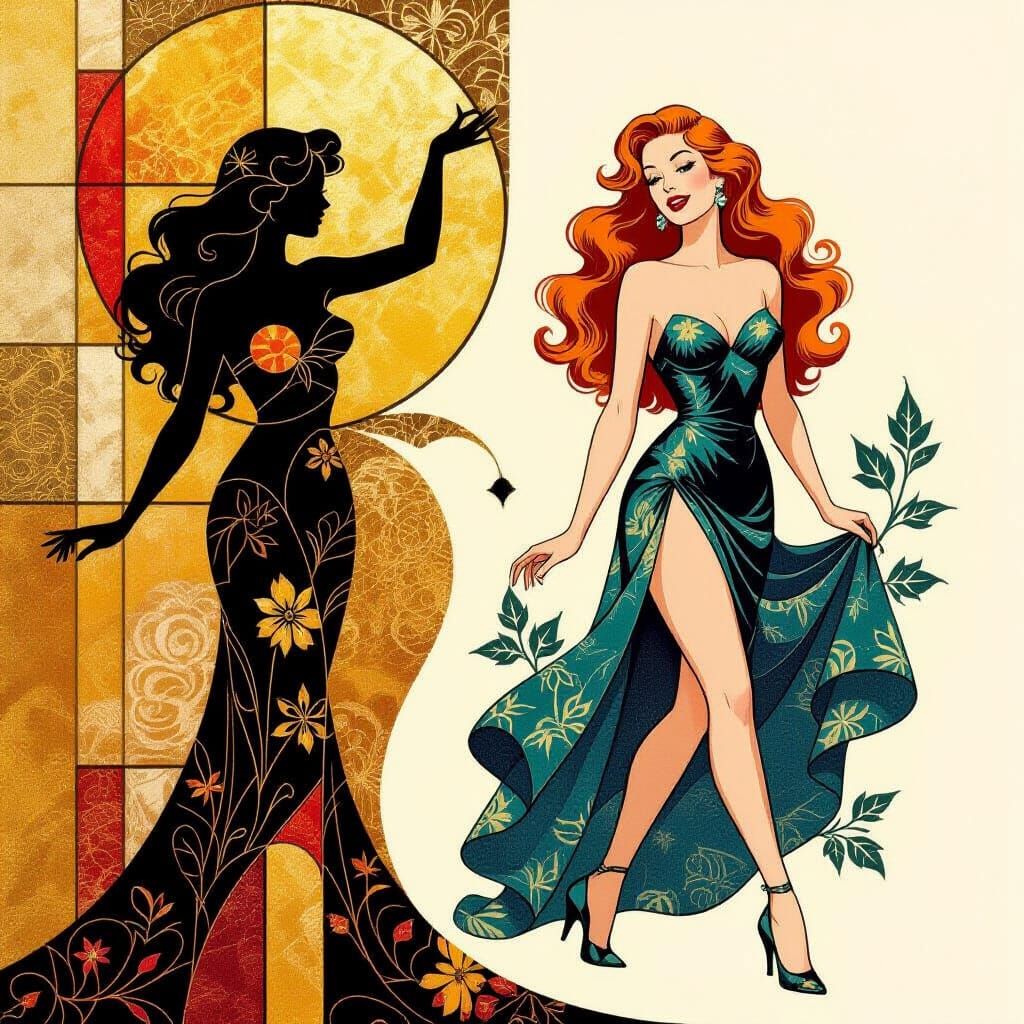 Enchanting Redhead Pin-Up in Abstract Garden