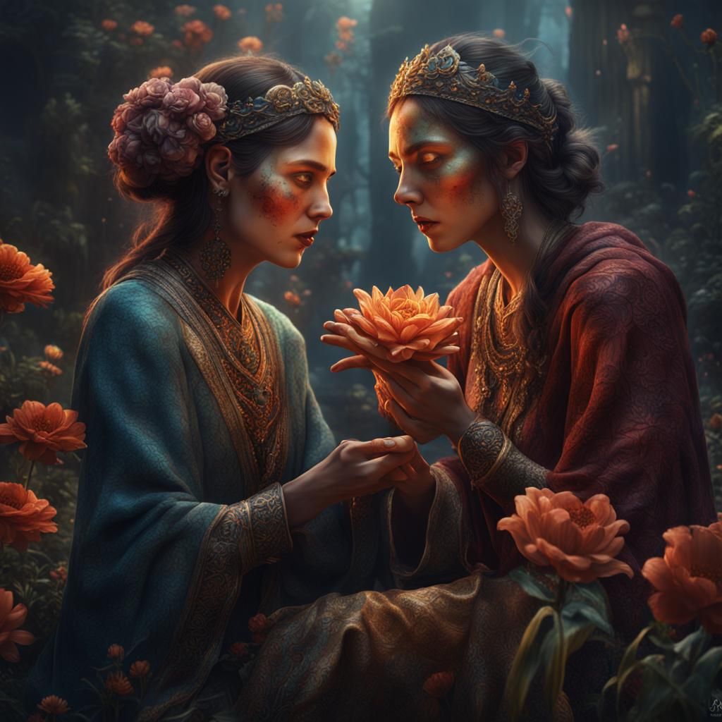 Women Crying with Flowers: Detailed Matte Painting