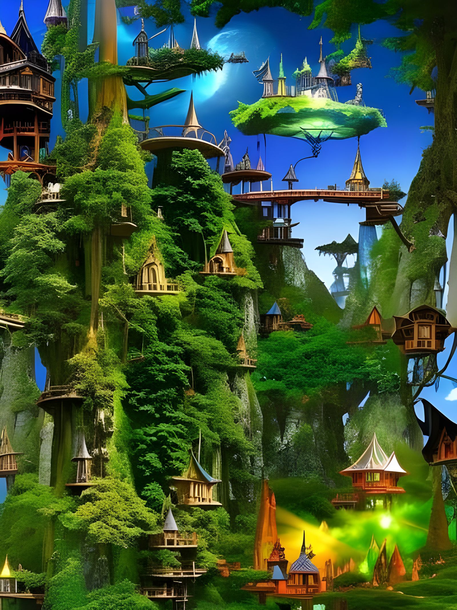 Colorful Collage of Elven Treehouse City