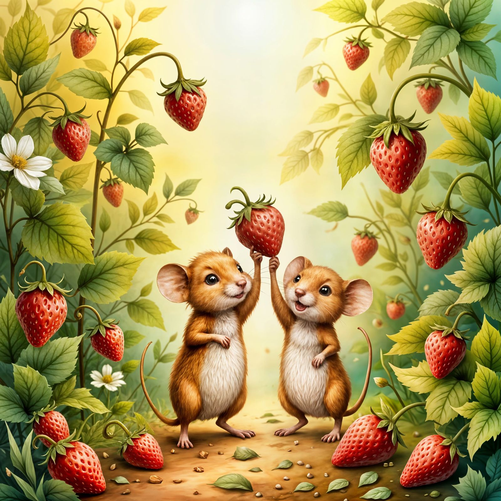 Mice Celebrate Strawberry Victory in Giant's Garden