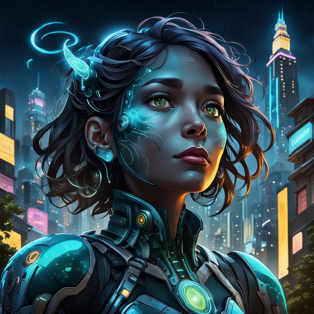 Vibrant Nightlife Cityscape with Bioluminescent Details