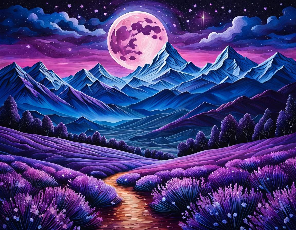 Lavender Field Moonlit Landscape Painting in Abstract Style