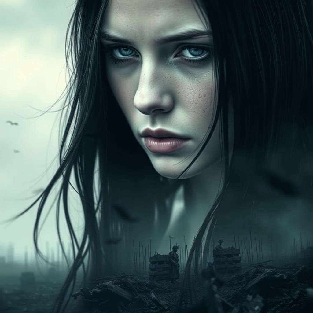 Ethereal Gothic Queen Amidst a Desolate Battlefield