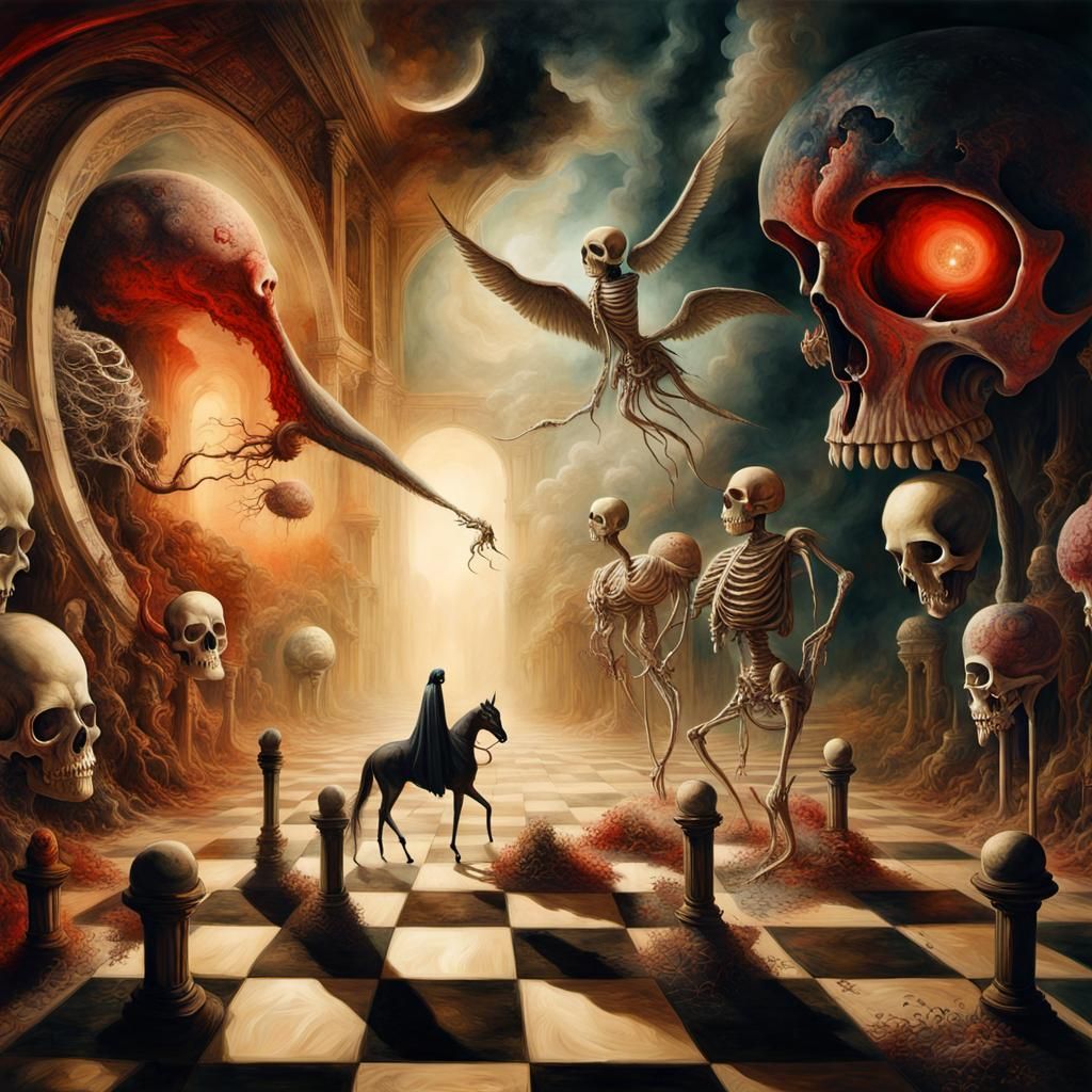 Death's Surreal Victory in Mixed Media Style