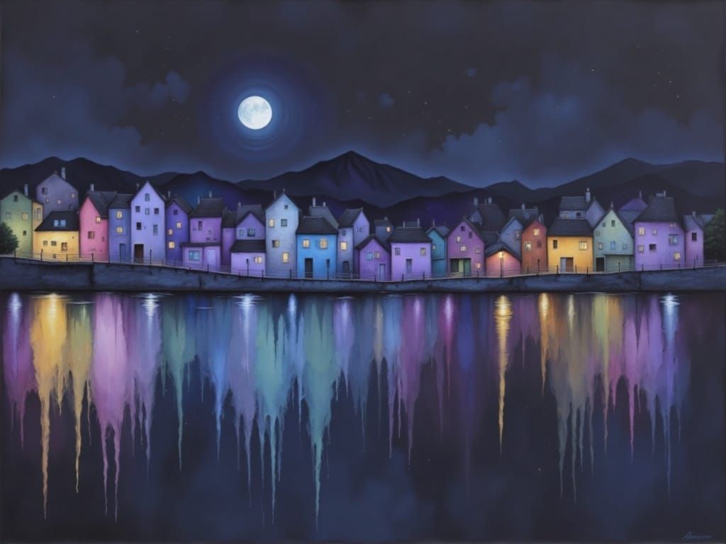 Seaside Village Under Full Moon Oil Painting