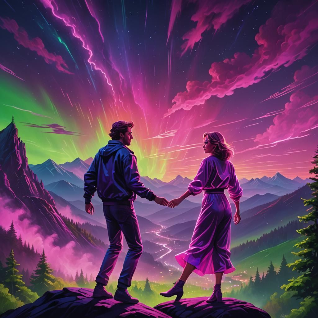 Synthwave Couple Dancing Under Neon Northern Lights