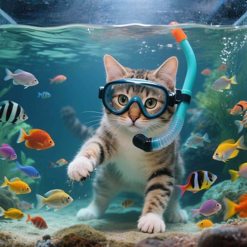Cat in Scuba Gear Hunts Fish in Aquarium