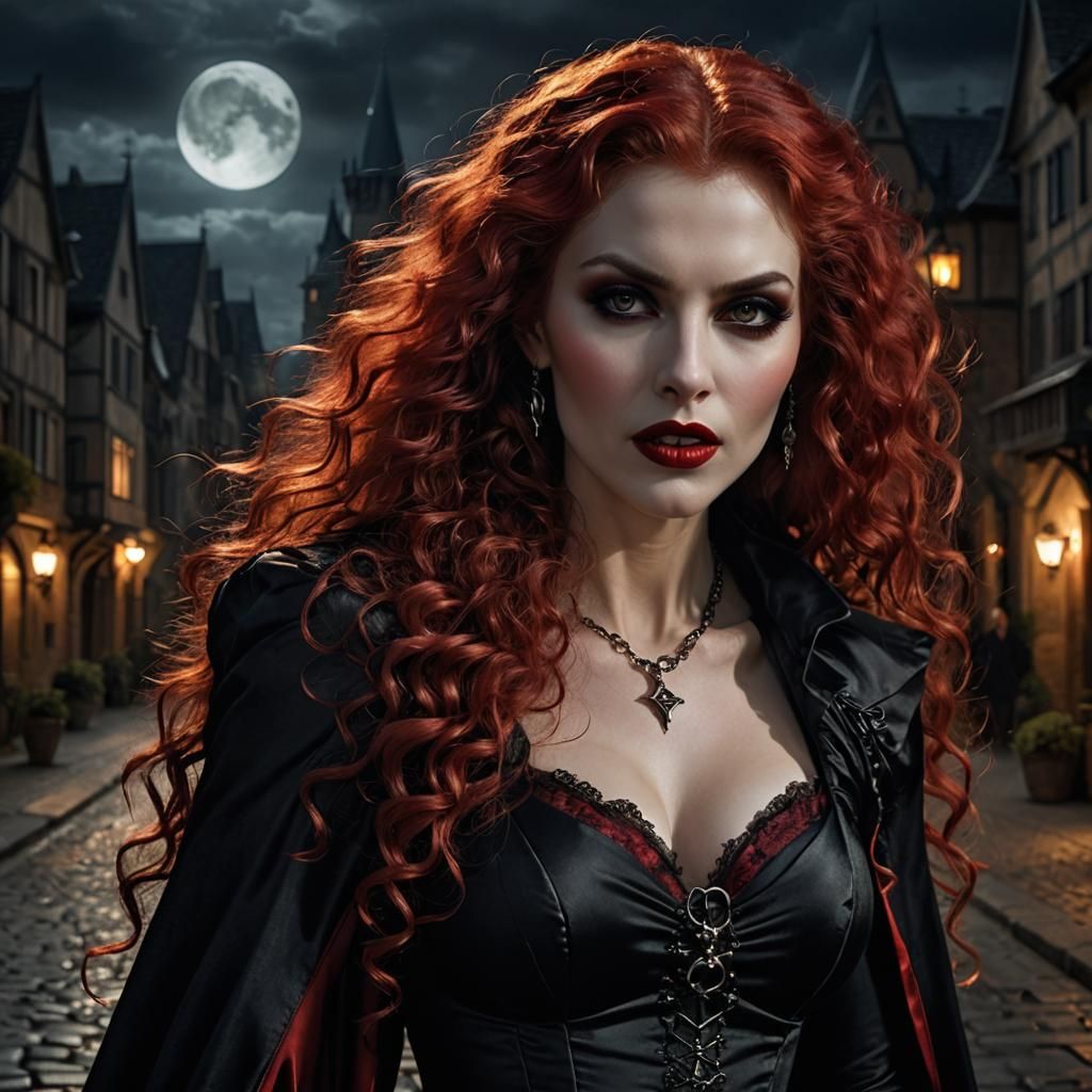 Beautiful Vampire with Red Hair in Dark Medieval Setting