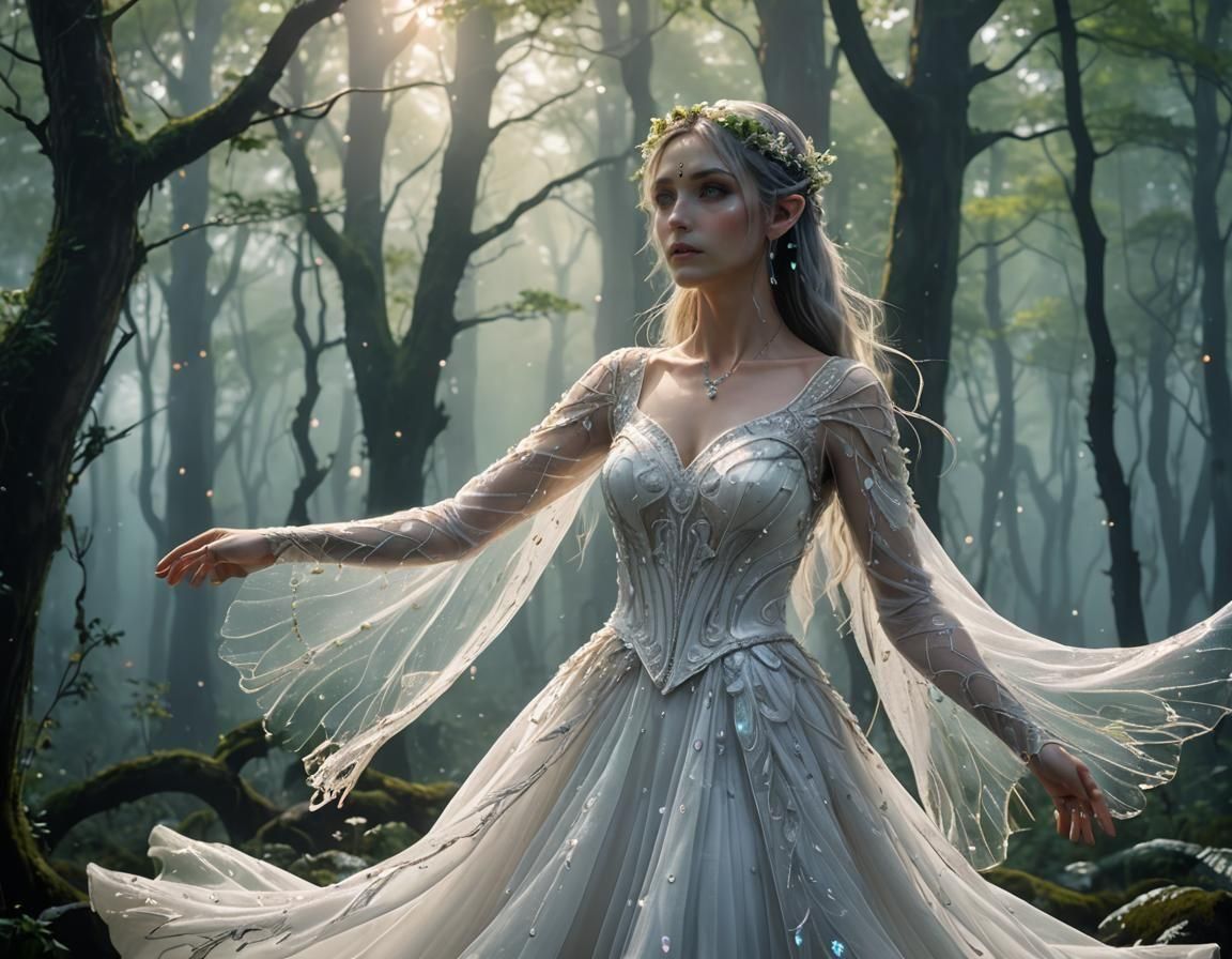 Eerie Anime Woman Dancing in Misty Forest