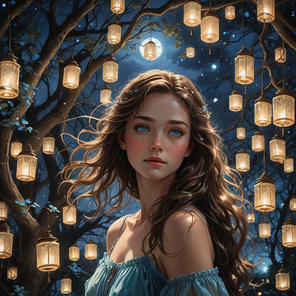 Bioluminescent Girl in Moonlit Forest, Art Nouveau Style