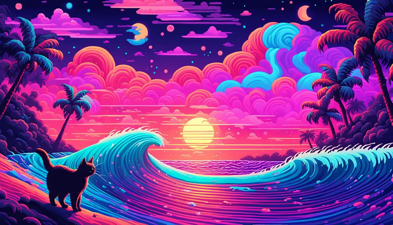 Pixel Art Cat Surfing Waves Under Starlit Sky