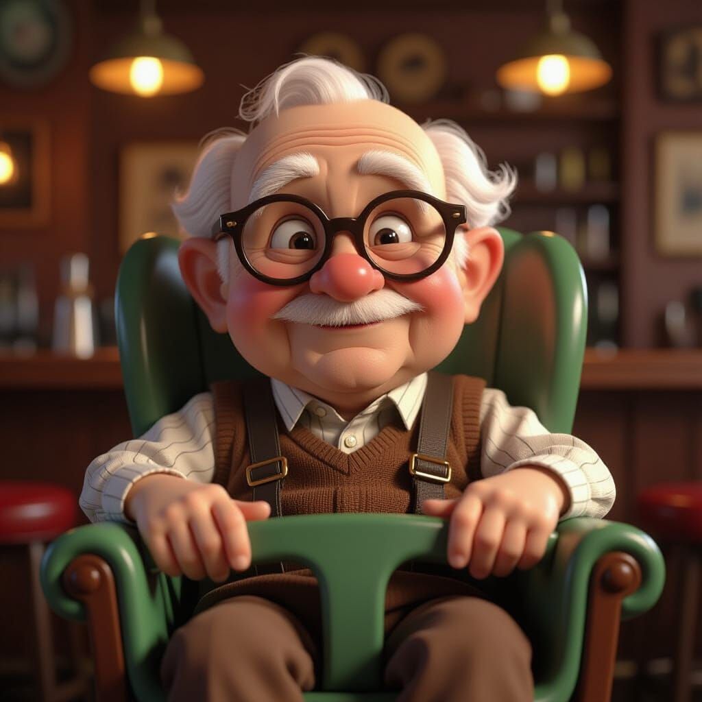 Elderly Man in Baby Seat, Pixar Anime Style