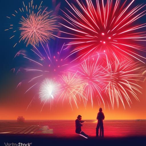 Cyberpunk Fireworks Over the Sea in Neon Style