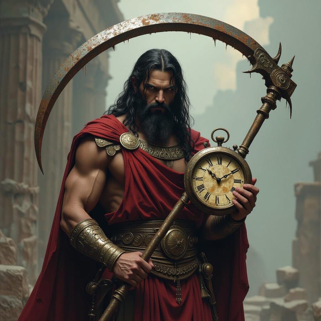 Cronos with Clock and Sickle, in Surrealist Style