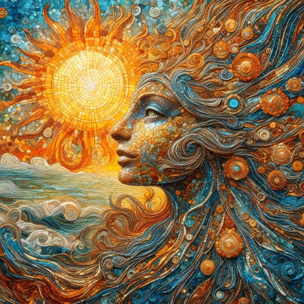 <lora:mosaicify:1.0> Mosaic of the sun intricate details. Geometric design. Vivid colors