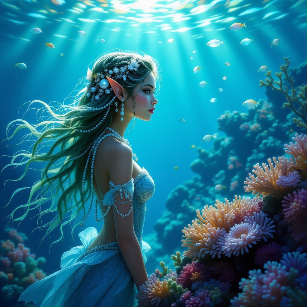 Merfolk Maiden Gazes at Bioluminescent Coral Reef