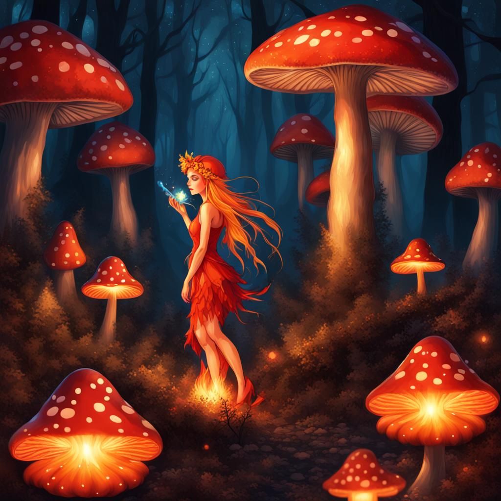Fire Fairy in Enchanted Mushroom Forest