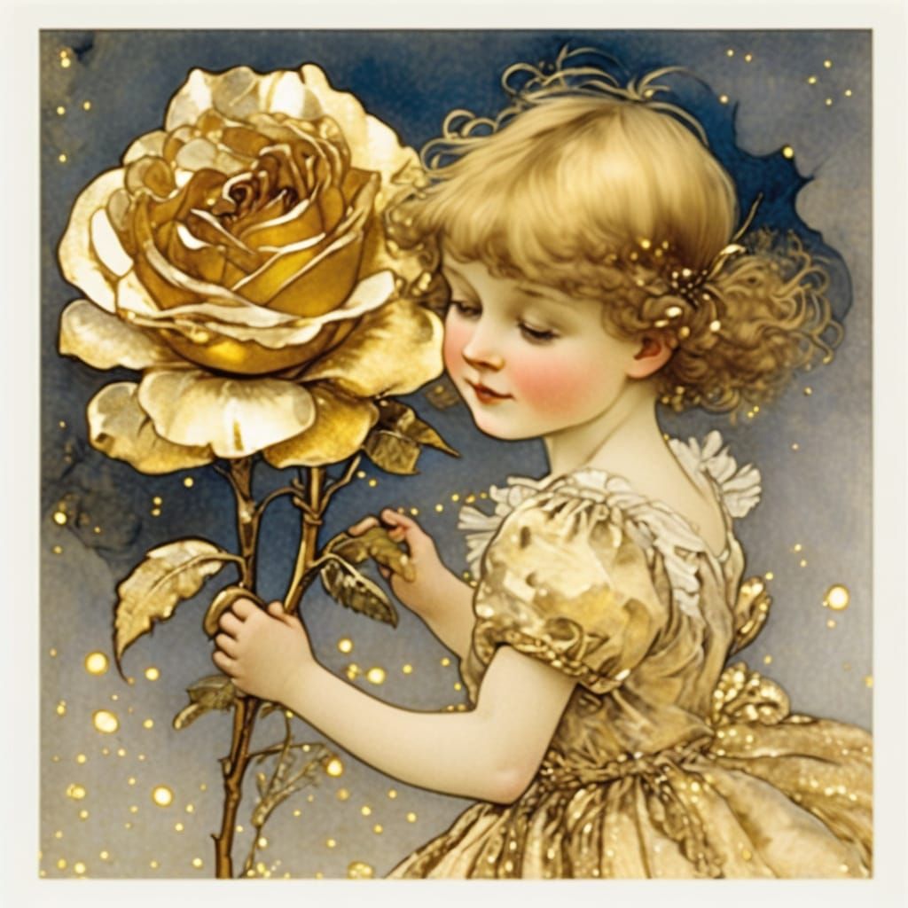 Ethereal Golden Rose in Whimsical Watercolor