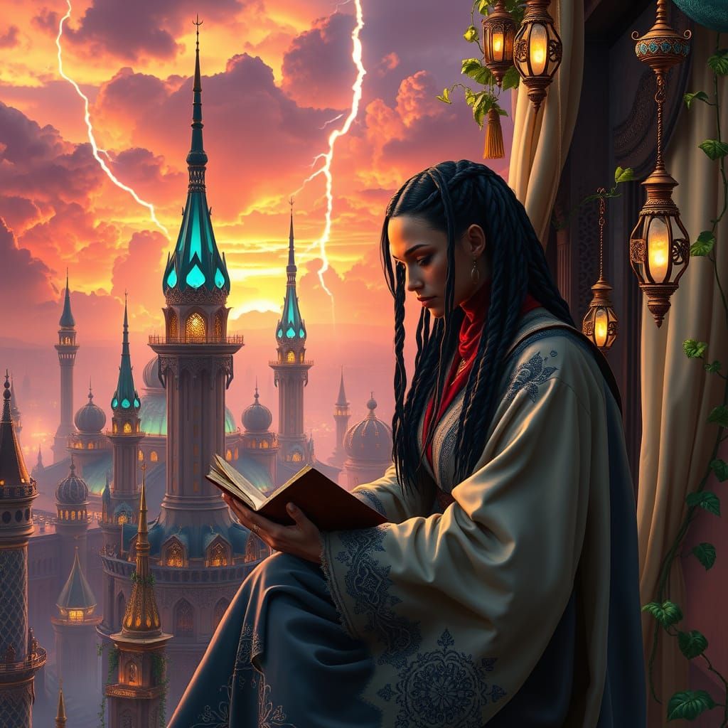 Ethereal Cyber Cityscape at Dusk with Golden Accents