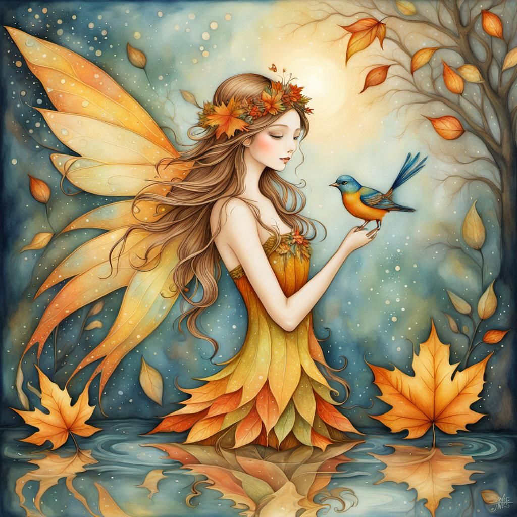 Whimsical Fairy Art with Colorful Bird