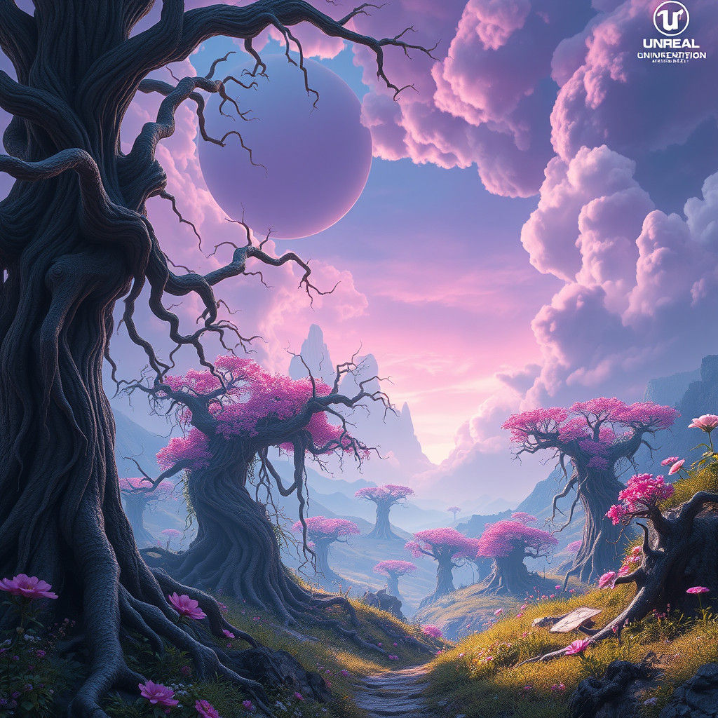 Mystical Landscape with Ancient Trees in Fantasy Art Style
