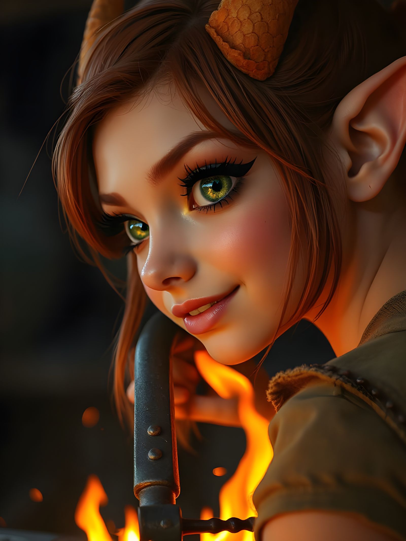 Anthro Dragon Girl Blacksmith Reflecting Forge Firelight