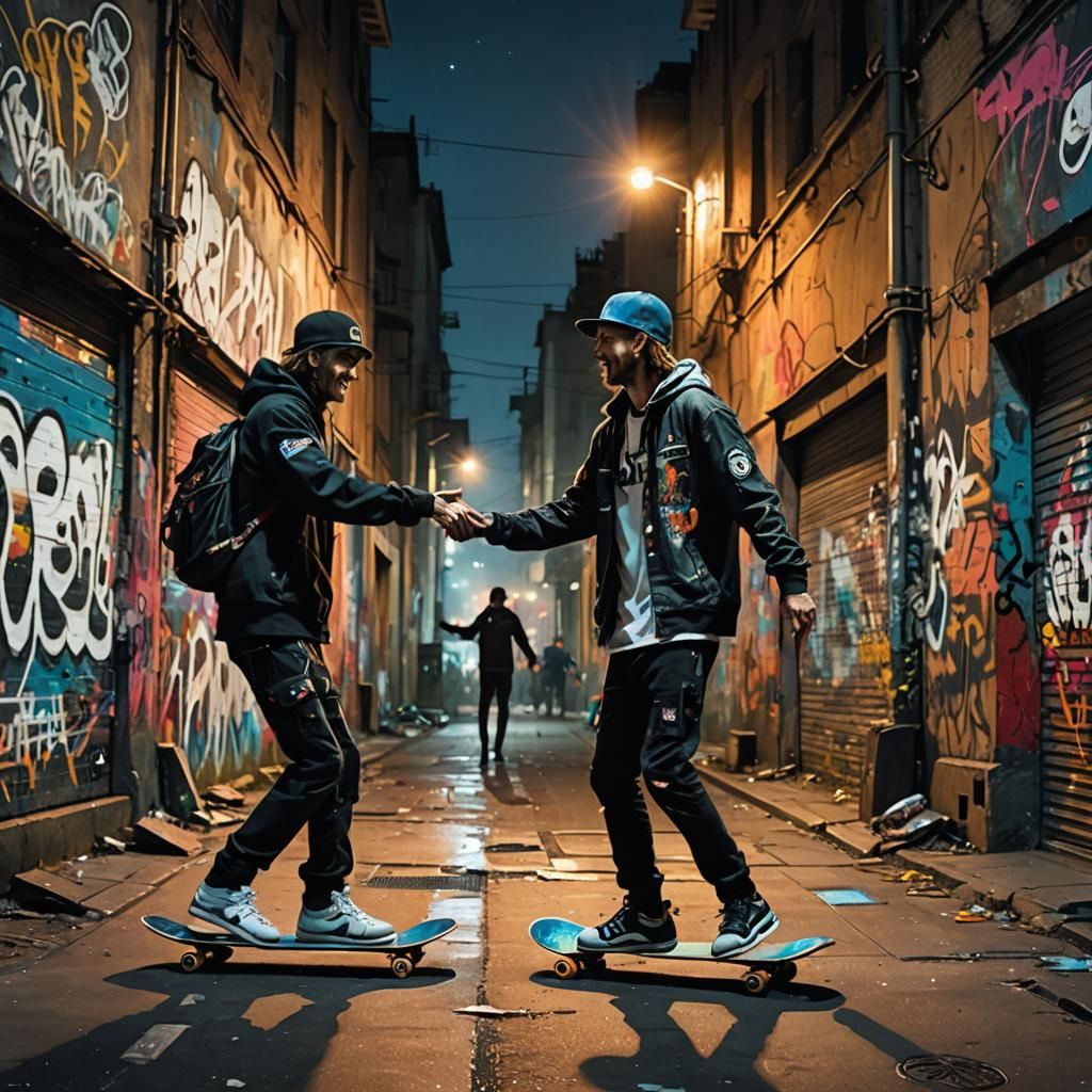 Skateboarders' Nighttime High-Five in Surreal Alcohol Ink St...