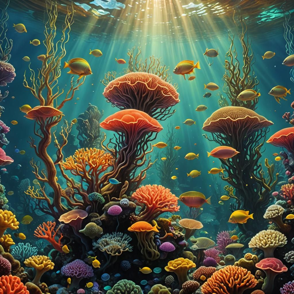 Underwater Scene with Squid in Surreal Style
