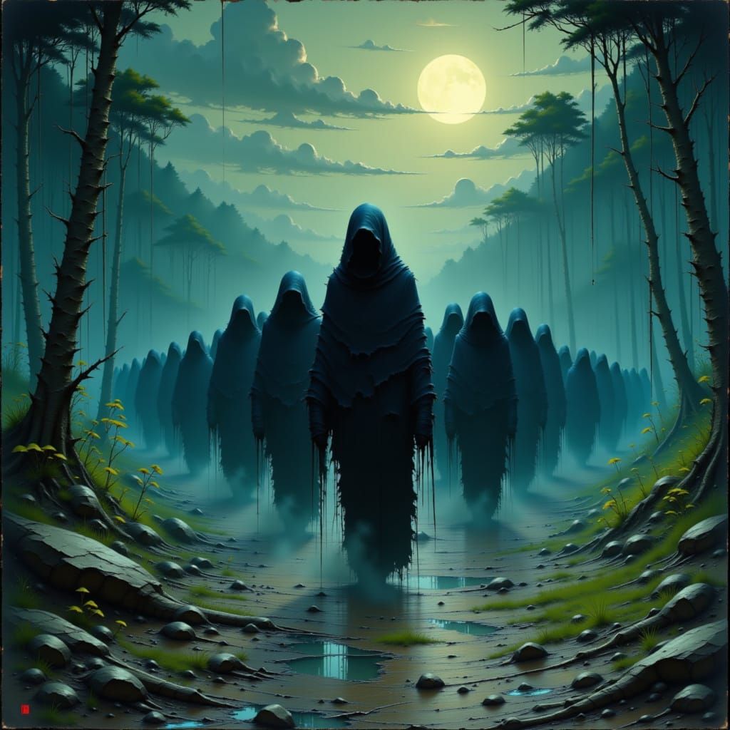 Mysterious Nightmarchers in Moonlit Hawaiian Landscape