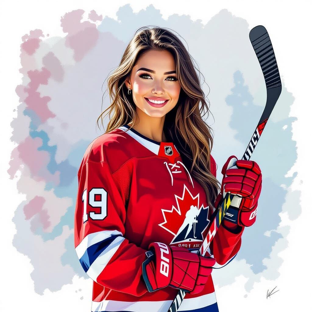 Woman with Hockey Stick in Watercolor Illustration