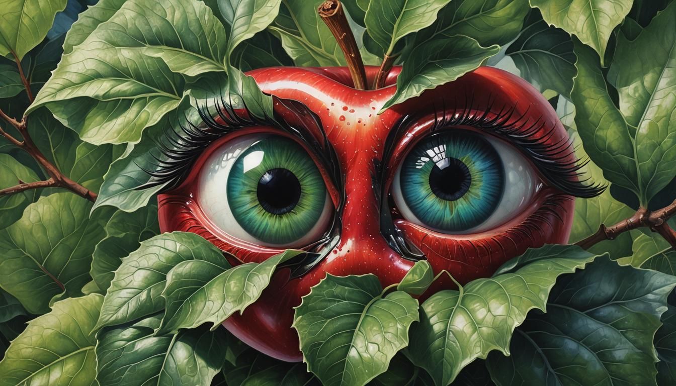 Surreal Translucent Apple with Cosmic Eye and Landscape