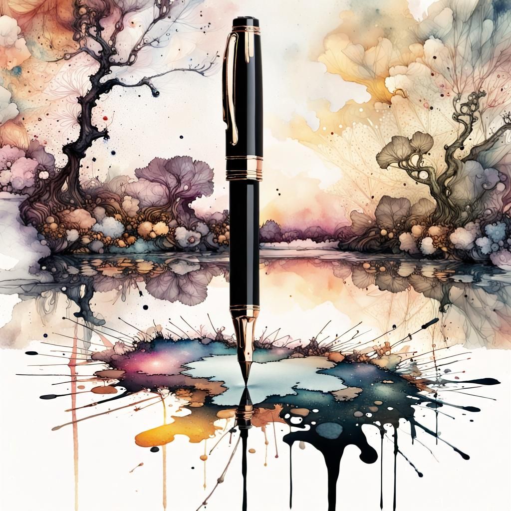Elegant Pen on Ink Splatter in Watercolor Style
