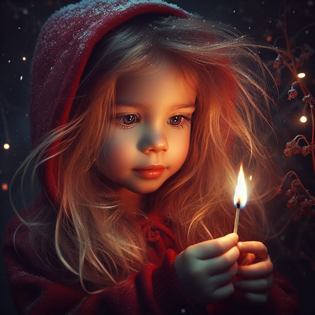 Girl Gazing at Match Flame in Winter Snowscape
