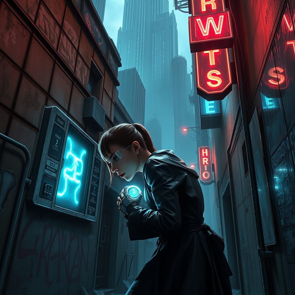 Dark Fantasy Hacker in Grimy Alleyway