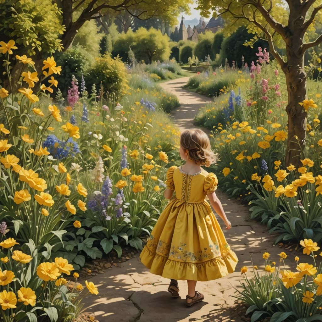 Baroque Painting: Girl in Yellow Dress in Garden
