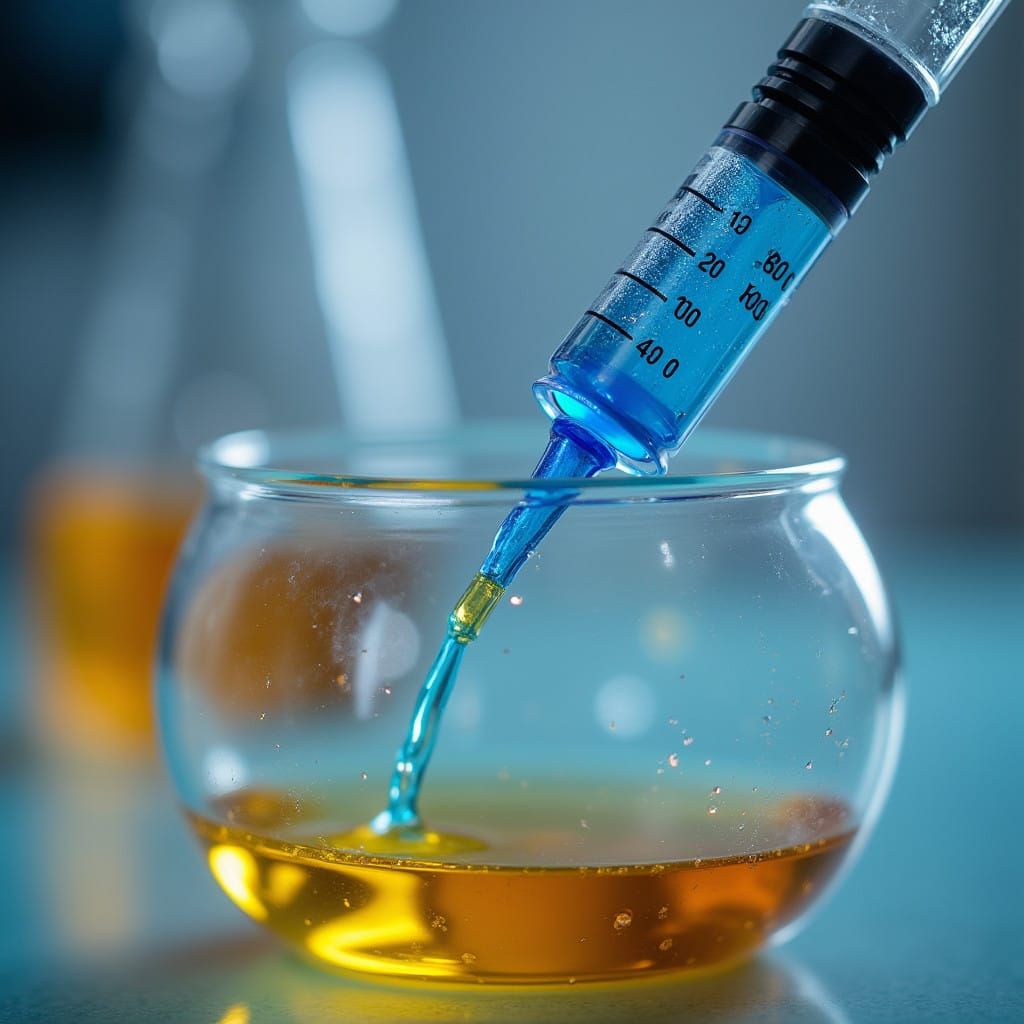 A syringe injects blue liquid into a beaker of yellow transp...