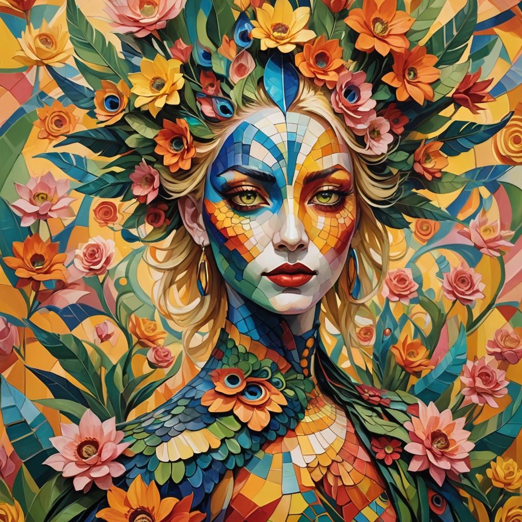 Dragon-Peacock Woman in Abstract Cubism Style