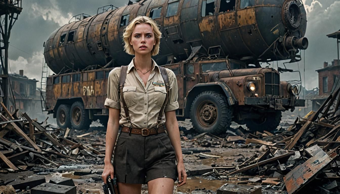 Steampunk Girl in Ruined Industrial Wasteland