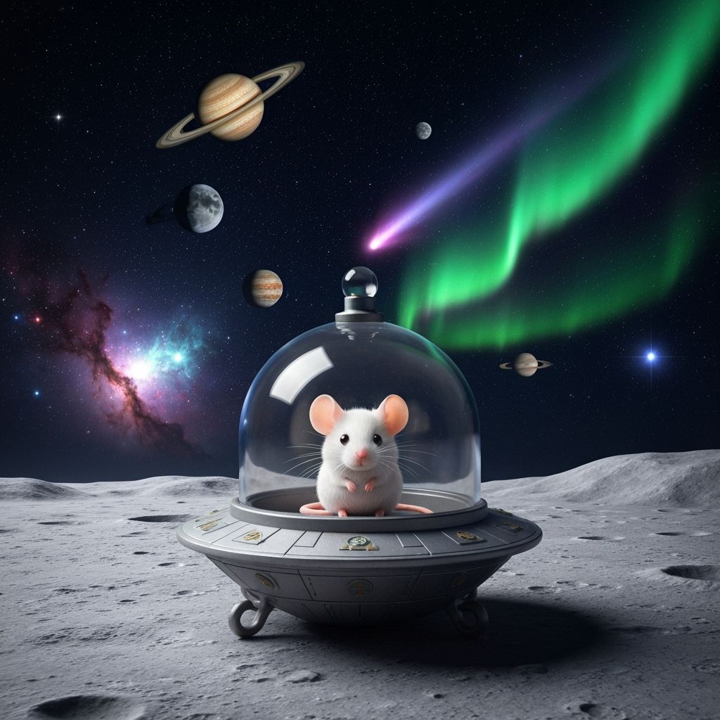 Miniature Spaceship with Chibi Mouse on Moon in Splash Art S...