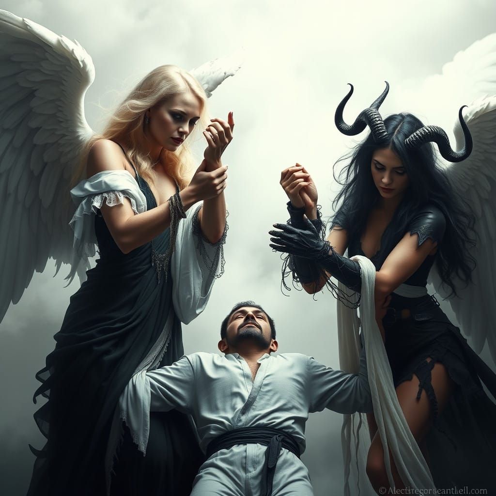 Angel and Demon Battle for Mortal's Soul